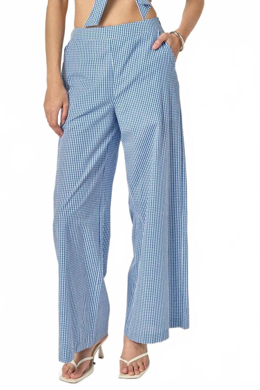 NEW ENGLISH FACTORY women's abby check wide leg pants in blue/white